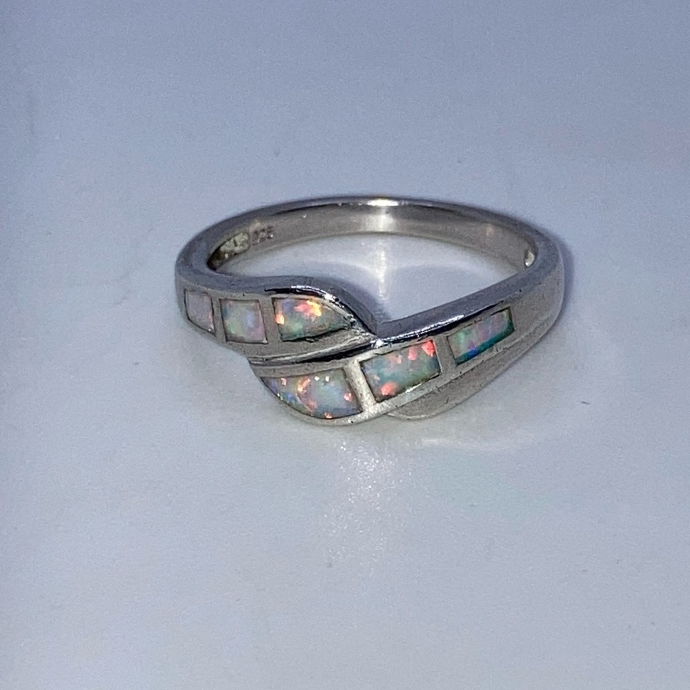 VTG Sterling Opal Segment Inlay Bypass Ring Sz 8